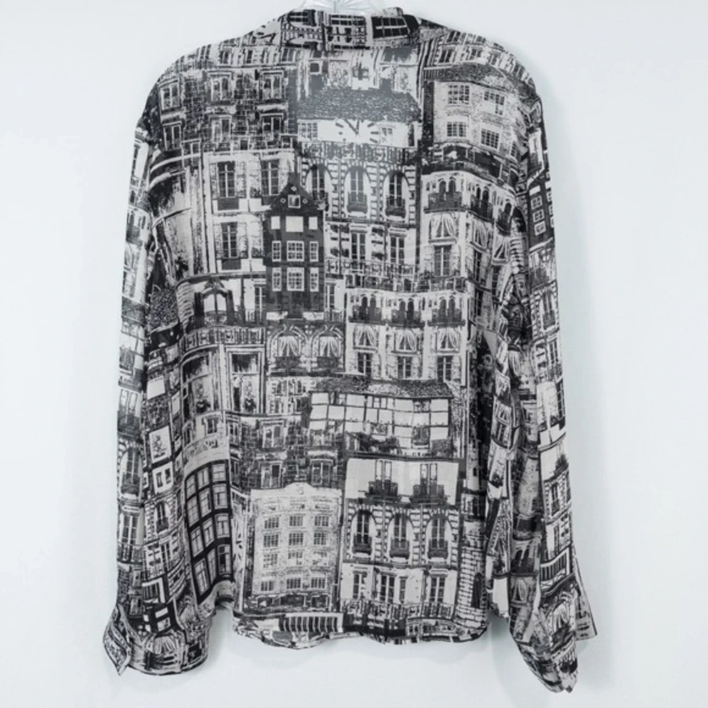 Chicos Cityscape Sheer Chiffon Button Shirt 3 (XL)‎ Monochrome Urban Retro Artsy - Picture 2 of 16
